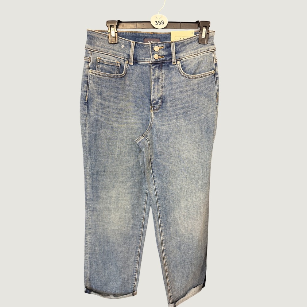 NYDJ Relaxed Straight Crop Jeans Womens 8 Blue Bailey High Rise Rolled Cuffs